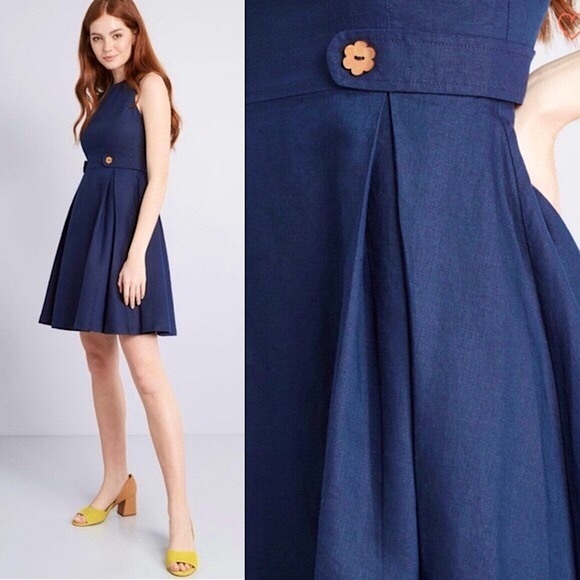Modcloth Something Sixties Linen Cotton Navy Retro A-Line Sleeveless Dress | 00 - Picture 2 of 7